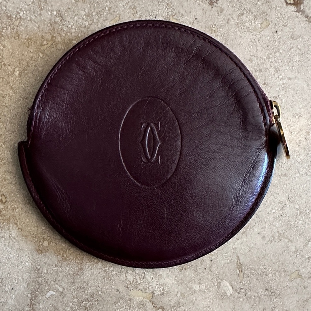 Vintage Cartier Bordeaux Red Leather Coin Pouch w/Gold Accents • Made in France